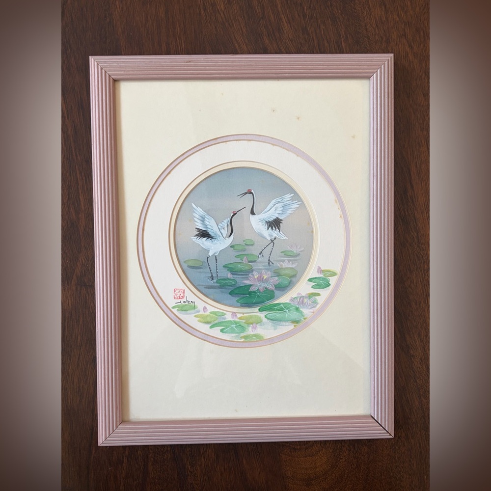 Vintage J. Cheng Artist Signed Crane Water Lilies Floral Painting, Framed Art